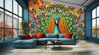 Vibrant geometric peacock in abstract symmetry surrounded by colorful feathers of orange, blue, and green hues Wall mural