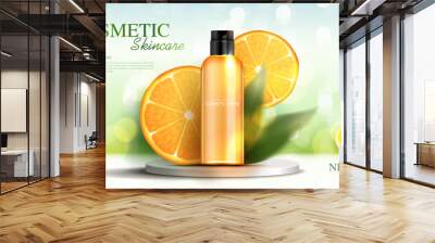 Cosmetics vitamin C or skin care product ads with bottle, realistic package mockup. banner ad for beauty products and orange background. vector design. Wall mural