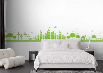 Eco technology or environmental concept modern green city and plant leaf growing inside.  Eco-friendly urban lifestyle with icons over the network connection. vector design Wall mural