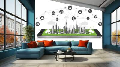 Eco technology with mobile phone or environmental concept modern green city. Eco-friendly urban lifestyle with icons over the network connection. vector design Wall mural