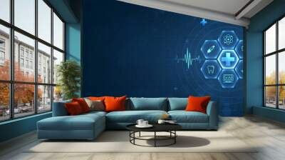 Health care medical science with icon digital technology world concept modern business. innovation, treatment, medicine. abstract about hi tech future blue background and medical research. vector. Wall mural