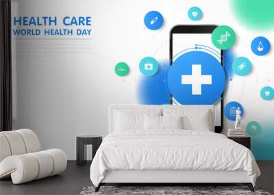 Healthcare and medicine technology with mobile or smartphone. phone screen with medical specialist and icons healthcare, cardiogram. medical video consultation with doctor through phone app. vector. Wall mural