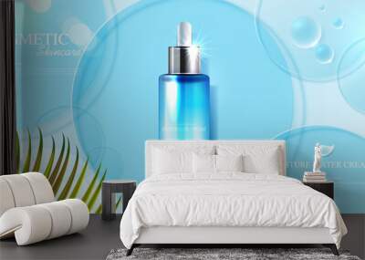 Moisture skincare product ads with watery water to moisturize the face. bottle and realistic package mockup. banner ad for beauty products and blue background. cosmetic vector design. Wall mural