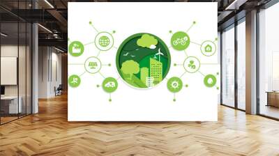 Paper cut of eco technology or environmental technology concept modern green city and plant leaf growing inside.  Eco-friendly urban lifestyle with icons over the network connection. vector design Wall mural