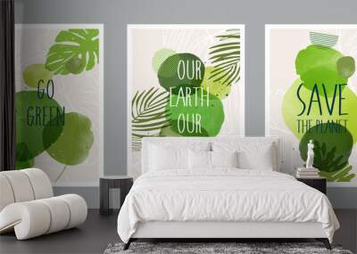 Set of happy earth day posters and leaves saving the planet. environment earth day on nature field grass forest conservation concept art or abstract. vector design Wall mural