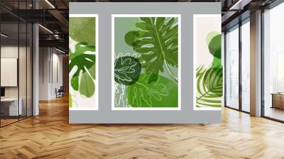 Set of happy earth day posters and leaves saving the planet. environment earth day on nature field grass forest conservation concept art or abstract. vector design Wall mural