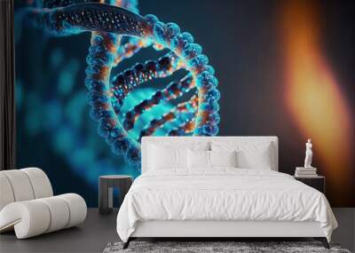 View future human DNA molecules under the microscope. Concept of the evolution, medical, treatment, technology. helix background. Generative AI Wall mural