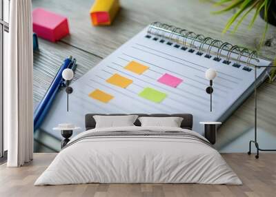 A blank notepad with colorful sticky notes and a pen on a wooden desk, ready for planning and organizing tasks. Wall mural