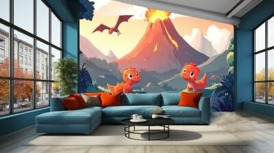 Cute Dinosaurs Near Volcano in Colorful Landscape Wall mural