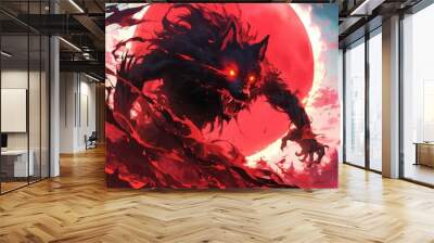 Dramatic illustration of a dark, menacing werewolf under a blood moon with glowing red eyes amidst an eerie forest landscape. Wall mural