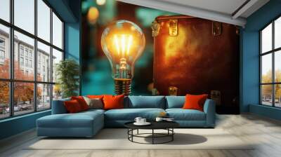 Vintage leather suitcase with glowing light bulb signifying travel and innovation, in a dimly lit environment. Wall mural