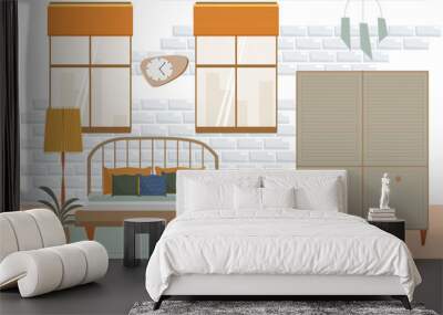 Vector flat interior of bedroom. Furnitures in midsentury modern style. Wall mural