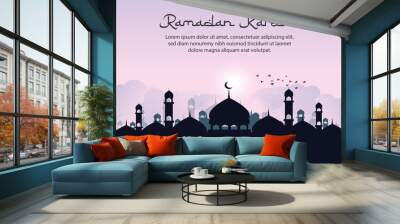 Ramadan kareem islamic greeting background design with silhouette mosque and arabic calligraphy vector Wall mural