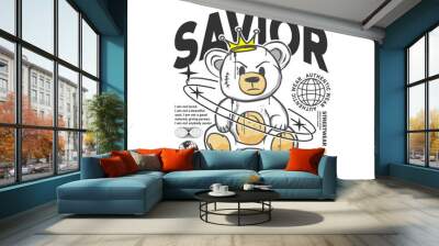 savior typography with bear doll graffiti art style vector illustration on white background, vector illustration for t shirt design, streetwear, or hoodie Wall mural