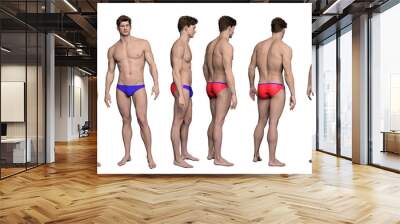 3D render : Portrait of male  swimmer model with good physical shape wearing stylish swimsuit, isolated, PNG transparent swimwear fashion design concept, different angles. Wall mural