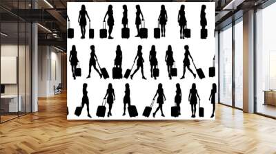 collection of different silhouette young female traveler character with suitcase or baggage , isolated vector for graphic resources Wall mural