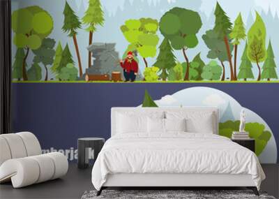 forest landscape with woodcutter near the felled tree. banner lumberjack in a flat style. woodcutter Wall mural