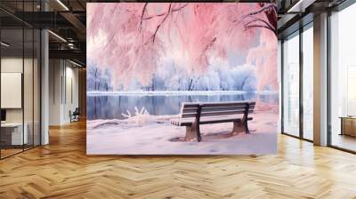 Bench in city snowy winter park with lake and beautiful trees in frosty weather. Wall mural