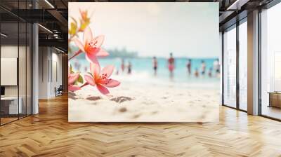 Hibiscus flowers blooming on the beach and people bathing in the background. Generative Ai Wall mural