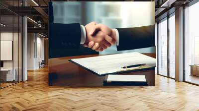 Two businessmen shake hands while signing a contract lying on the table. Conclusion of a contract between two entities by a bank or an insurance company. Wall mural