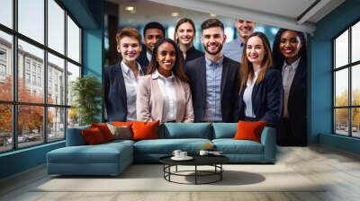 Young happy professional international team business people. Workers standing in corporate office, diverse multiracial smiling employees. Wall mural