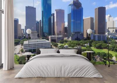 Aerial view Houston downtown and Gulf Freeway (highway I45). Daytime cityscape with cloud blue sky. Wall mural