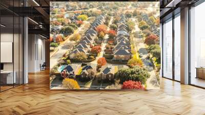 Aerial view row of new house with cul-de-sac (dead-end) and bright orange color fall foliage near Dallas Wall mural