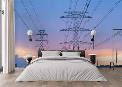 Group silhouette of transmission towers (power tower, electricity pylon, steel lattice tower) at twilight in US. Texture high voltage pillar, overhead power line, industrial background. Panorama style Wall mural