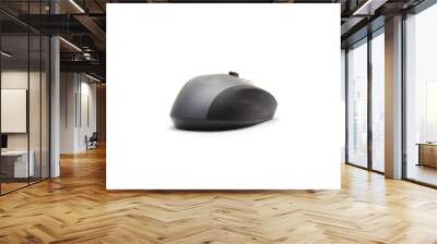 Studio shot black and grey sculpt ergonomic wireless mouse isolated on white. Modern computer mice with soft rubber grip, back-forward and side to side scrolling button in contoured shape. Top view Wall mural