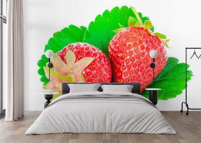 Two whole raw strawberries and leaves isolated on a white Wall mural