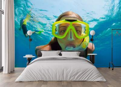 Happy girl in snorkeling mask dive underwater with tropical fishes in coral reef sea pool. Travel lifestyle, water sports, outdoor adventure, swimming lessons on family summer beach holiday with kids Wall mural