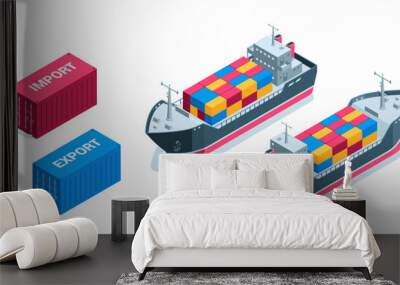 isometric cargo ship or tanker with containers, in color on a white background, water cargo transportation Wall mural