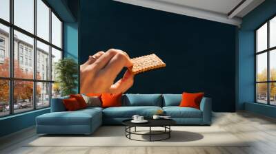 Hand with cracker outdoors on a sun light. Work snack for energy  Wall mural