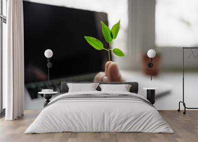 laptop keyboard with plant growing on it. green it computing concept. carbon efficient technology. d Wall mural