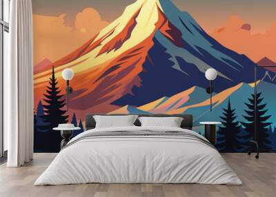 A paintings of mountains and trees with a lake Wall mural