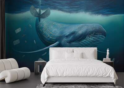 A big whale swims underwater among the money. Generative AI. Wall mural