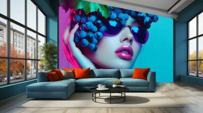 Girl with grapes on her head, hairstyle, wreath. Creative modern art. A bunch of grapes Wall mural