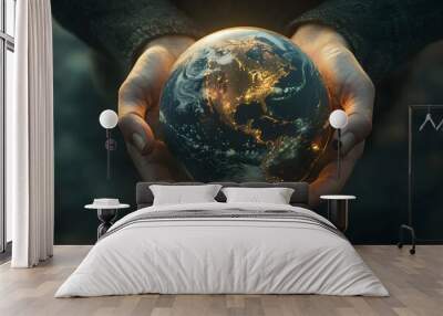 Hands gently holding the glowing planet Earth, preserving the ozone layer Wall mural