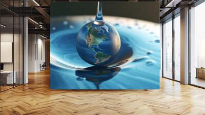 Water drop with the earth with ripples on it. Generative AI. Wall mural