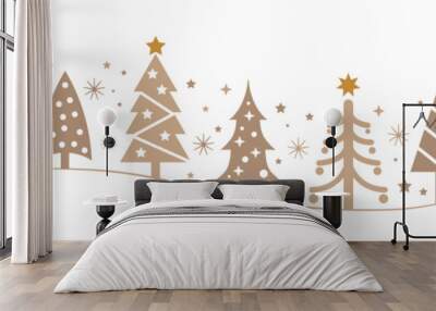 Collection of beige Christmas trees and golden Stars in different design - vector illustration Wall mural