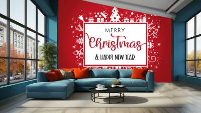 Merry Christmas lettering with ornaments and decoration on red background Wall mural