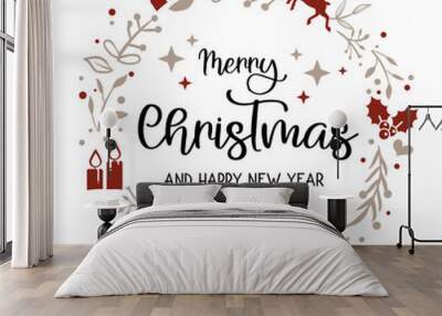 wreath with Christmas ornament and text - Merry Christmas and happy new year Wall mural