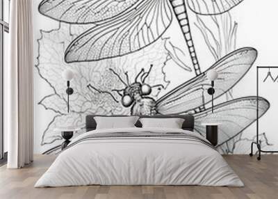 colouring page for adults 2 dragonflies flying HD  Wall mural