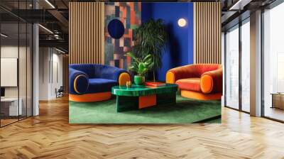 A blue and orange room with wood slats on the walls, green carpet flooring, two colorful armchairs, an emerald coffee table, wooden walls in a navy blue color Wall mural