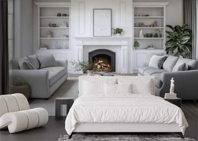 A bright and airy living room with two gray sofas, white cabinets on each side of the fireplace, a coffee table in front of it, a TV above the fireplace, and windows behind the couches Wall mural