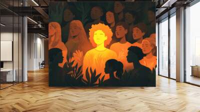 A crowd of diverse people, with one person glowing in the center as if they are being illuminated by light from above Wall mural