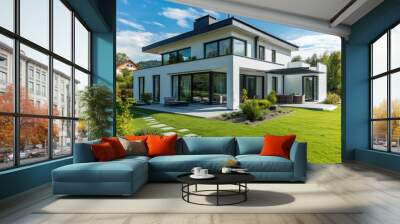 A modern two-story house with large windows, white walls and black roof stands on the green lawn in front of it is an entrance path to which there will be some garden furniture Wall mural