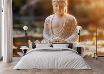 Buddha statue in golden light with lotus flower, white stone sculpture, nature background, glow effect Wall mural