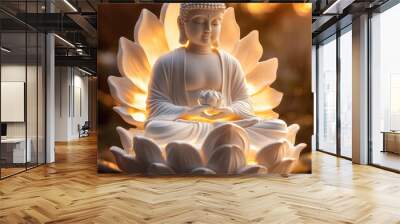 Buddha statue in golden light with lotus flower, white stone texture on the body of the Buddha to create an atmosphere of serenity and peace Wall mural