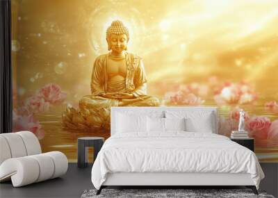 Golden Buddha statue sitting on a lotus flower, with pink flowers surrounding it, against a golden background, with a water reflection and heavenly light. Wall mural